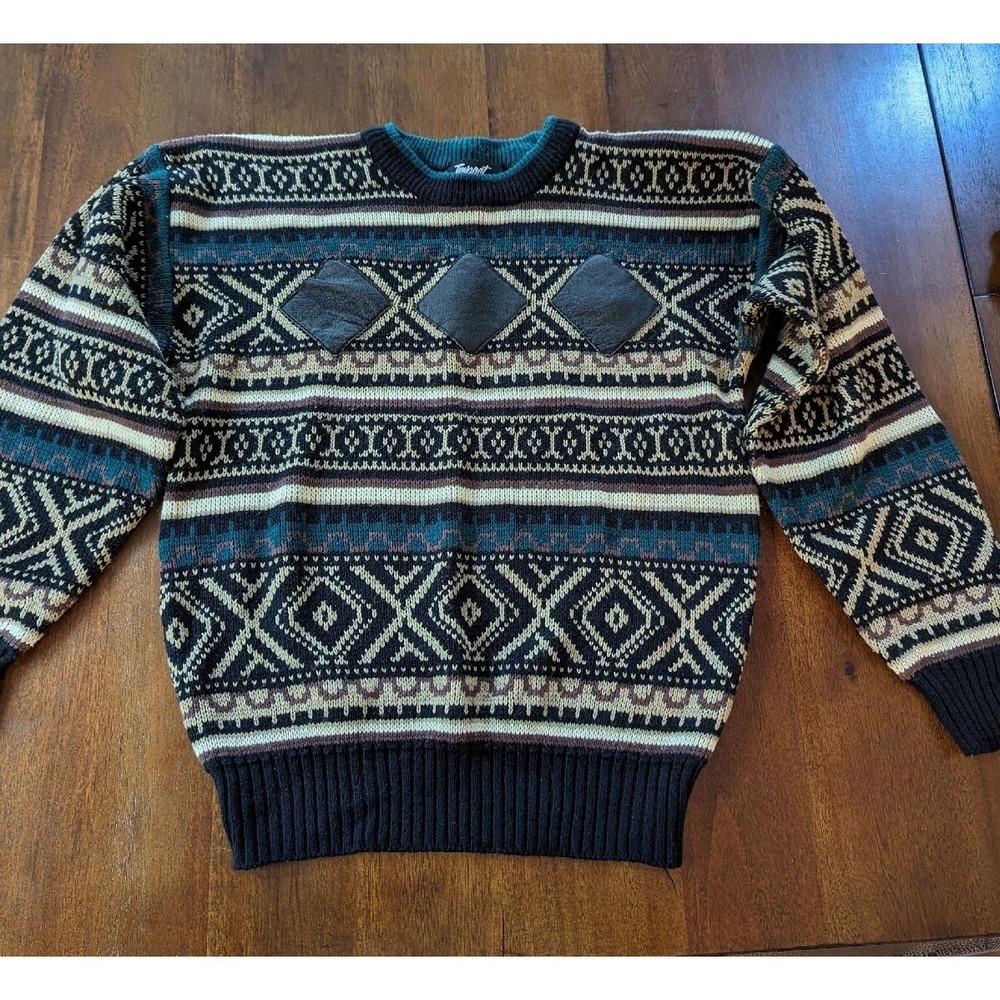 Vintage Impact Pullover Sweater Men's Size M Leather Patches Accents Grandpacore